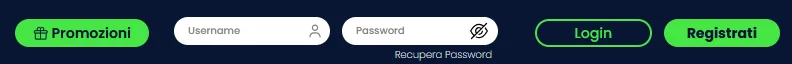 Pulsanti di login e registrazione nell'intestazione del sito CasinoMania con posizionamento nell'angolo in alto a destra visibile su tutte le pagine
