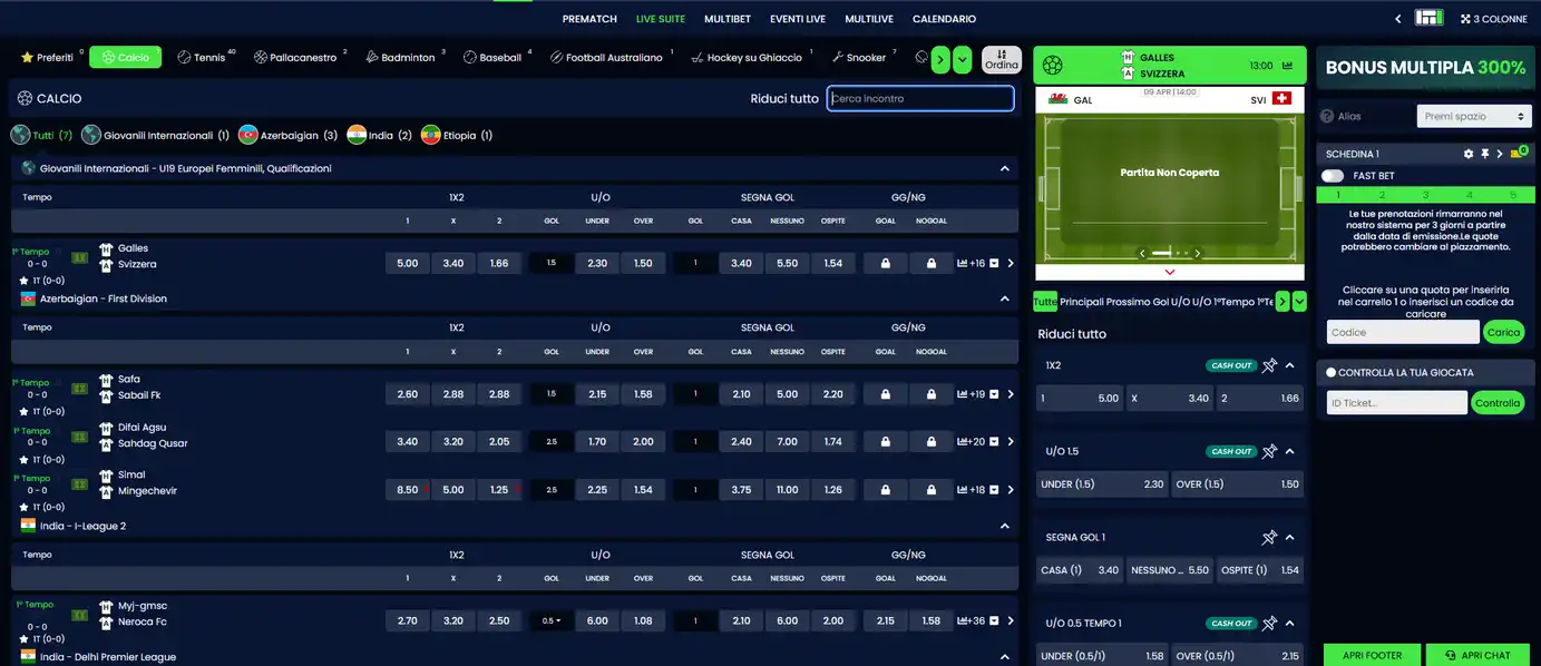 Interfaccia scommesse live CasinoMania con aggiornamento quote in tempo reale, tracker dei punteggi, statistiche delle squadre e funzionalità cash-out