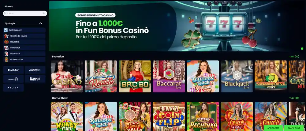 Casinò live CasinoMania con tavoli Evolution Gaming in HD, dealer italiani per roulette, blackjack e baccarat con chat in tempo reale