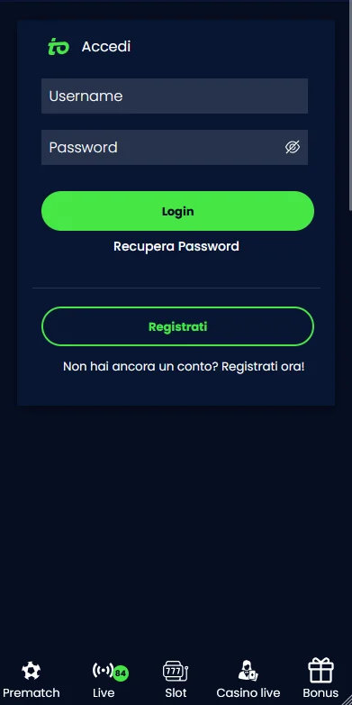 Modulo di login mobile CasinoMania con interfaccia touch-friendly, campi email e password adattati per smartphone e menu di navigazione inferiore