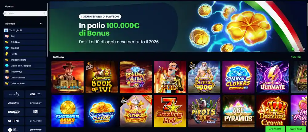 Sezione giochi del casinò CasinoMania con oltre 2.400 titoli certificati ADM, slot, giochi da tavolo, video poker e modalità demo disponibile