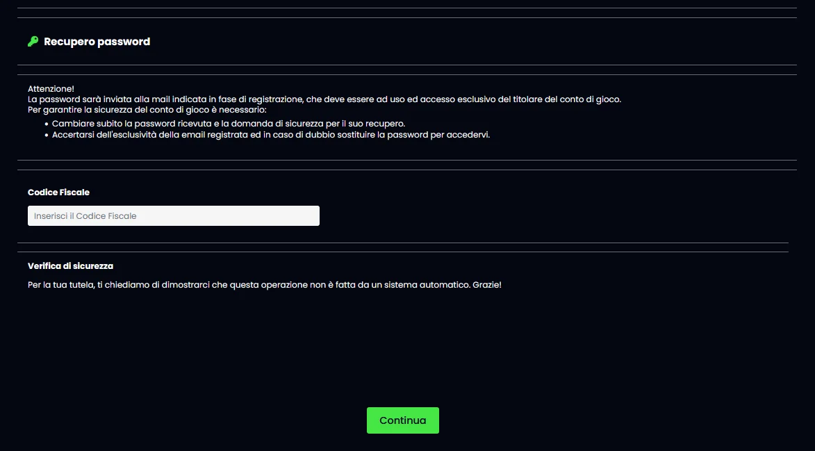 Modulo di recupero password CasinoMania con link Password dimenticata, inserimento email o telefono, invio del codice di verifica e creazione nuova password