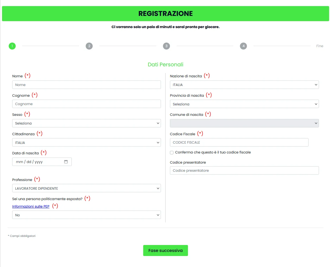Flusso di registrazione Casino Mania con inserimento dati personali, codice fiscale, credenziali di login e verifica email per l'attivazione dell'account