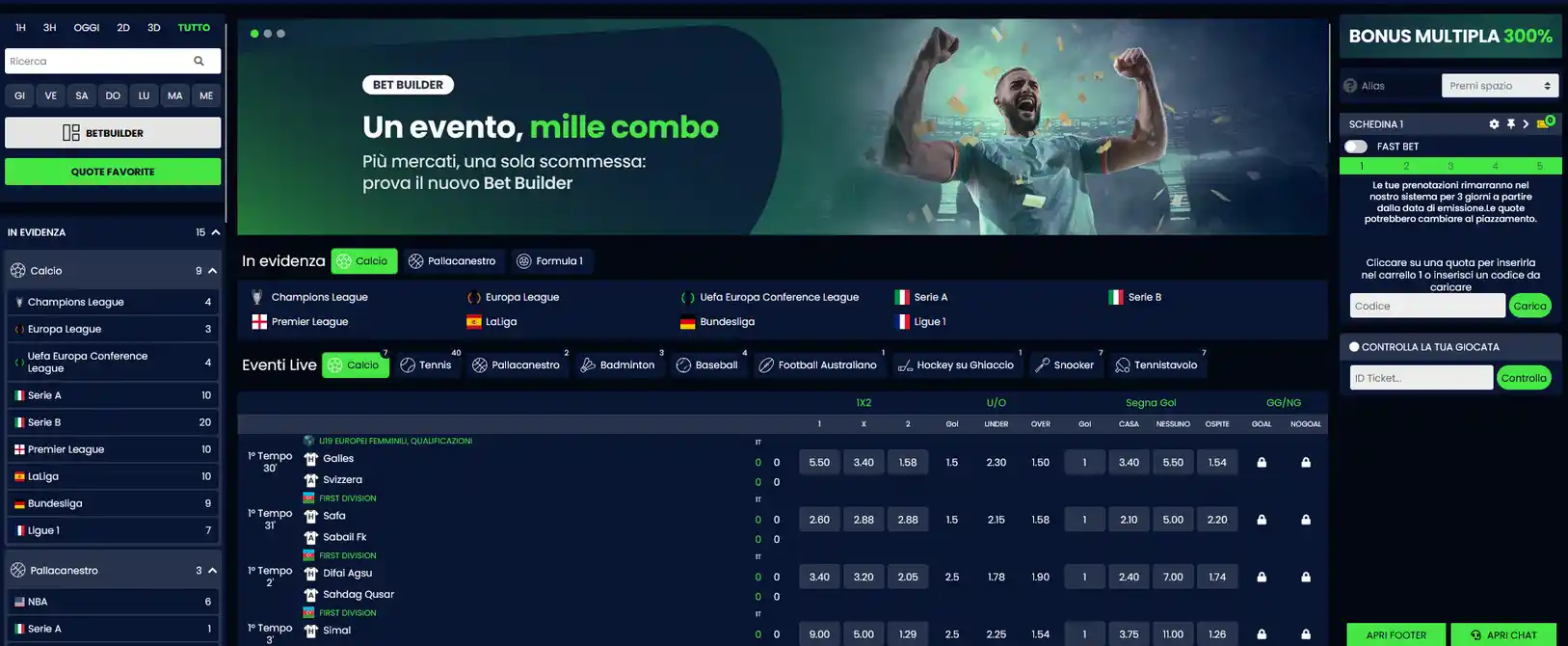 Sezione sportsbook CasinoMania con mercati pre-match e live su Serie A, tennis, basket, motorsport e quote in formato decimale